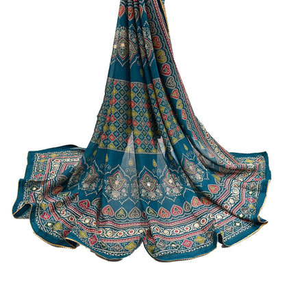 Indian Vintage Dupatta Teal Blue Long Stole Hand Embroidered Printed Pure Silk Scarves Veil Wrap Soft Floral
