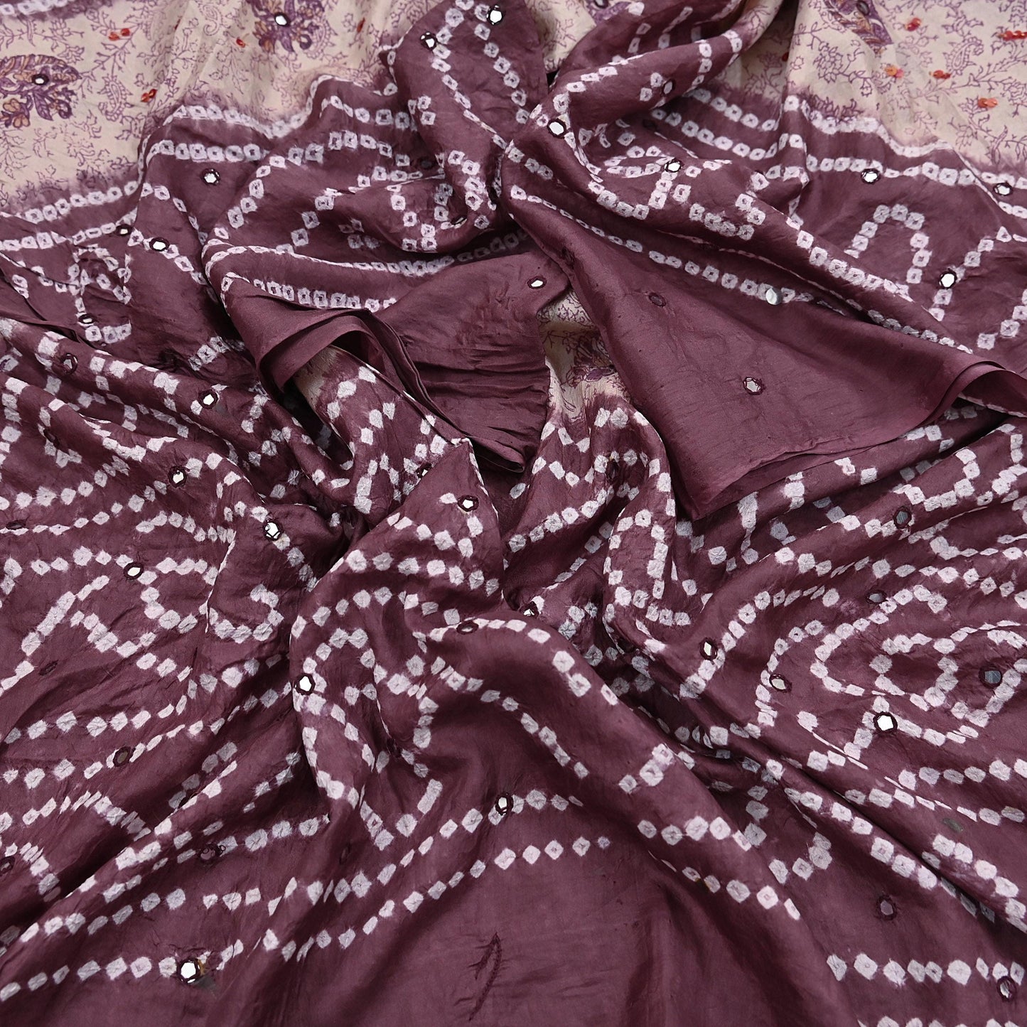 Women Indian Vintage Beige & Brown Dupatta Long Stole Pure silk Bandhani Dupatta Veil Scarves soft Boho Wrap