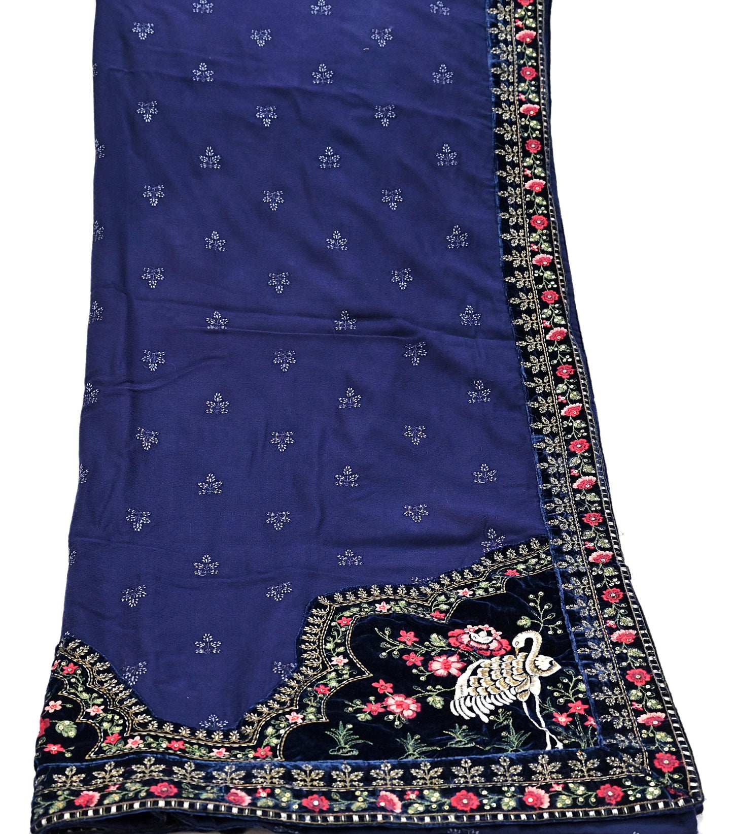 Indian Vintage Blue Blend Cotton Dupatta Hand Embroidered Floral Scarf with Thread work beaded golden lace