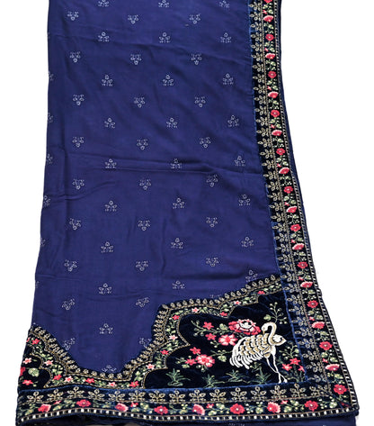 Indian Vintage Blue Blend Cotton Dupatta Hand Embroidered Floral Scarf with Thread work beaded golden lace