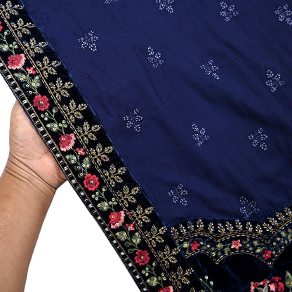 Indian Vintage Blue Blend Cotton Dupatta Hand Embroidered Floral Scarf with Thread work beaded golden lace