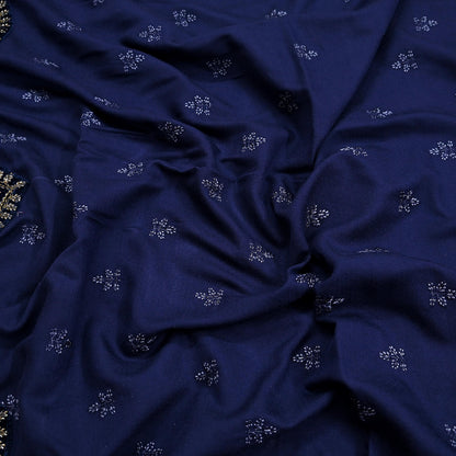 Indian Vintage Blue Blend Cotton Dupatta Hand Embroidered Floral Scarf with Thread work beaded golden lace