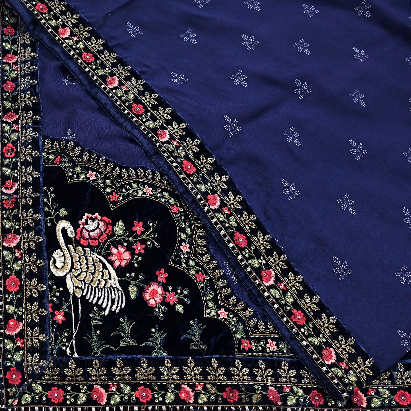 Indian Vintage Blue Blend Cotton Dupatta Hand Embroidered Floral Scarf with Thread work beaded golden lace