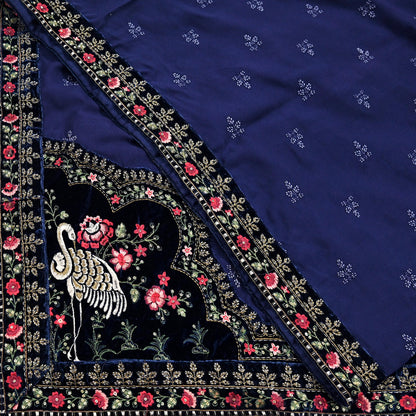 Indian Vintage Blue Blend Cotton Dupatta Hand Embroidered Floral Scarf with Thread work beaded golden lace