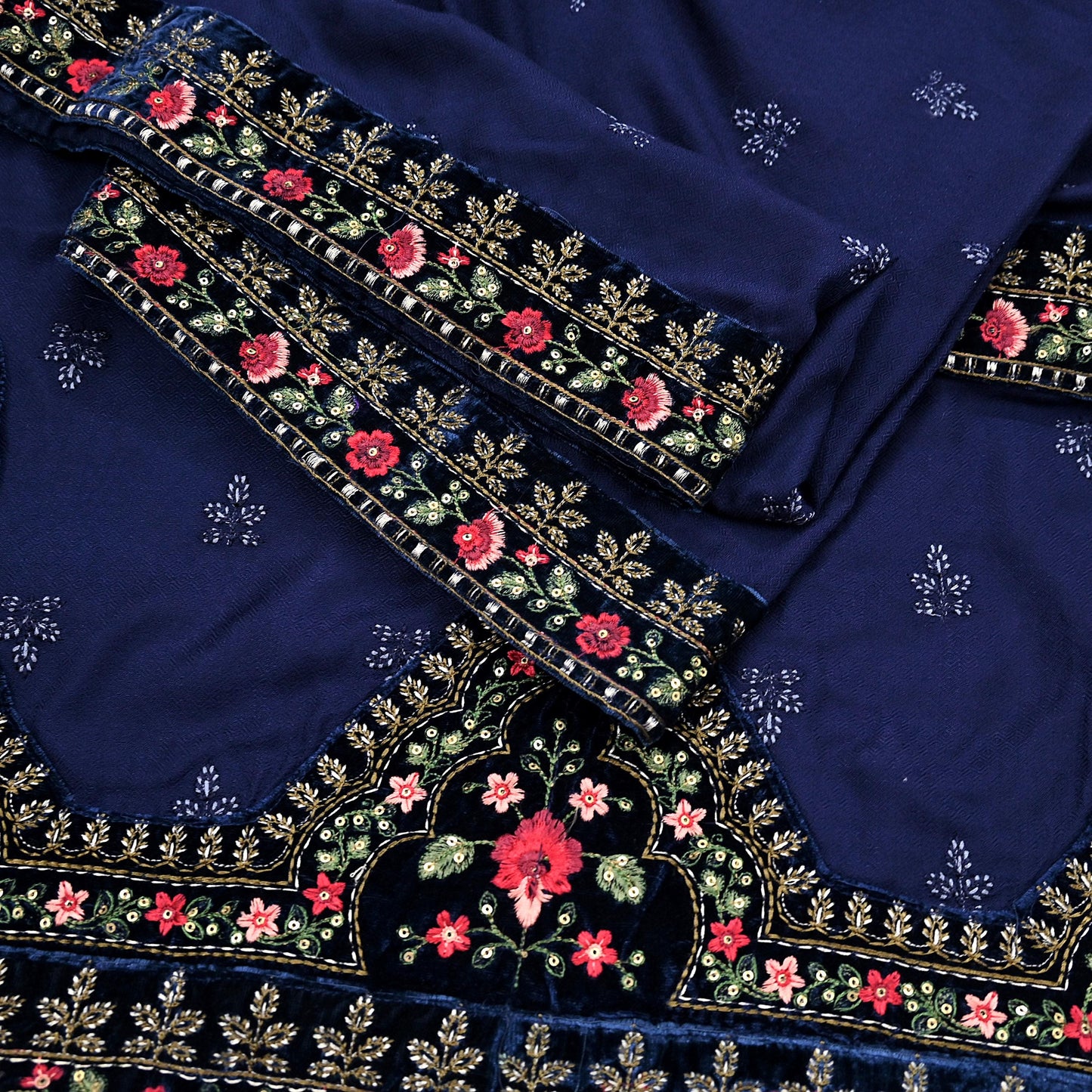 Indian Vintage Blue Blend Cotton Dupatta Hand Embroidered Floral Scarf with Thread work beaded golden lace
