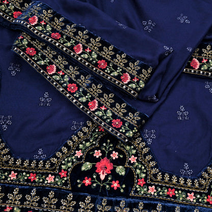 Indian Vintage Blue Blend Cotton Dupatta Hand Embroidered Floral Scarf with Thread work beaded golden lace