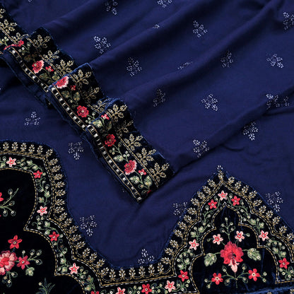 Indian Vintage Blue Blend Cotton Dupatta Hand Embroidered Floral Scarf with Thread work beaded golden lace