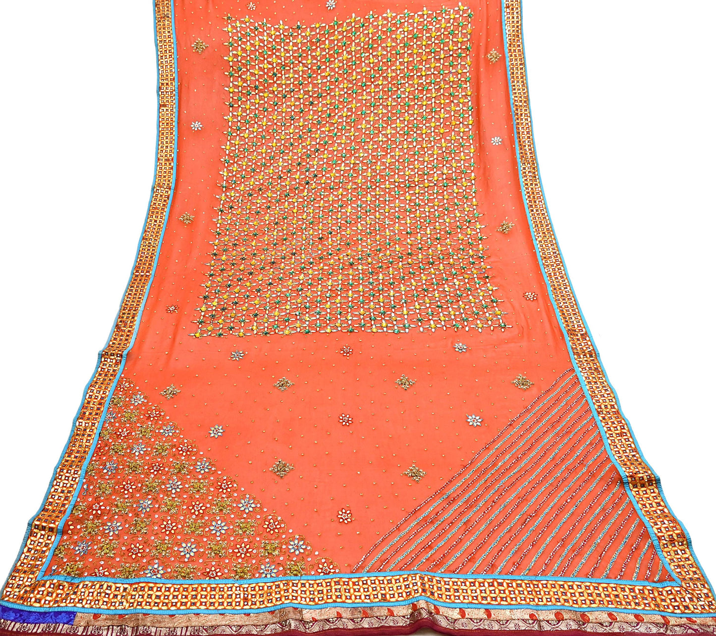 Indian Vintage Heavy Luxury orange Dupatta Pure Georgette Silk Long Stole Hand Embroidered Gota Patti Scarves Zardozi