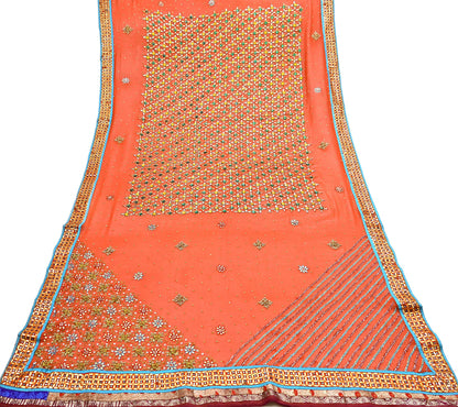 Indian Vintage Heavy Luxury orange Dupatta Pure Georgette Silk Long Stole Hand Embroidered Gota Patti Scarves Zardozi
