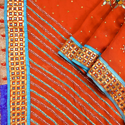Indian Vintage Heavy Luxury orange Dupatta Pure Georgette Silk Long Stole Hand Embroidered Gota Patti Scarves Zardozi