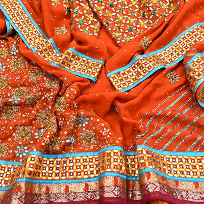 Indian Vintage Heavy Luxury orange Dupatta Pure Georgette Silk Long Stole Hand Embroidered Gota Patti Scarves Zardozi