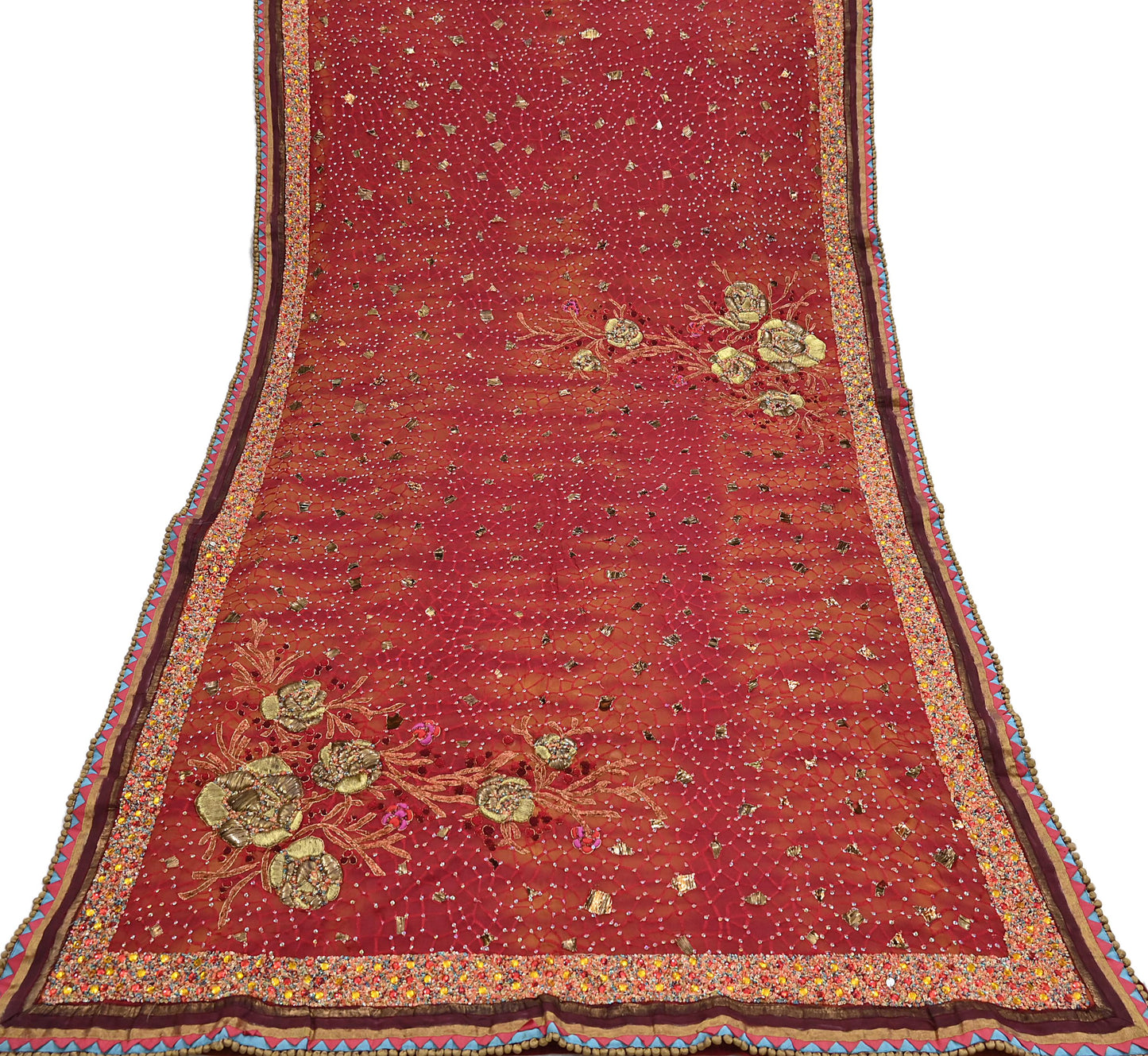 Indian Vintage Sari Red & Saffron Pure Georgette Silk Hand Embroidered Sarees Ethnic Fabric 6Yd Sewing Soft Ethnic Wedding Sarees