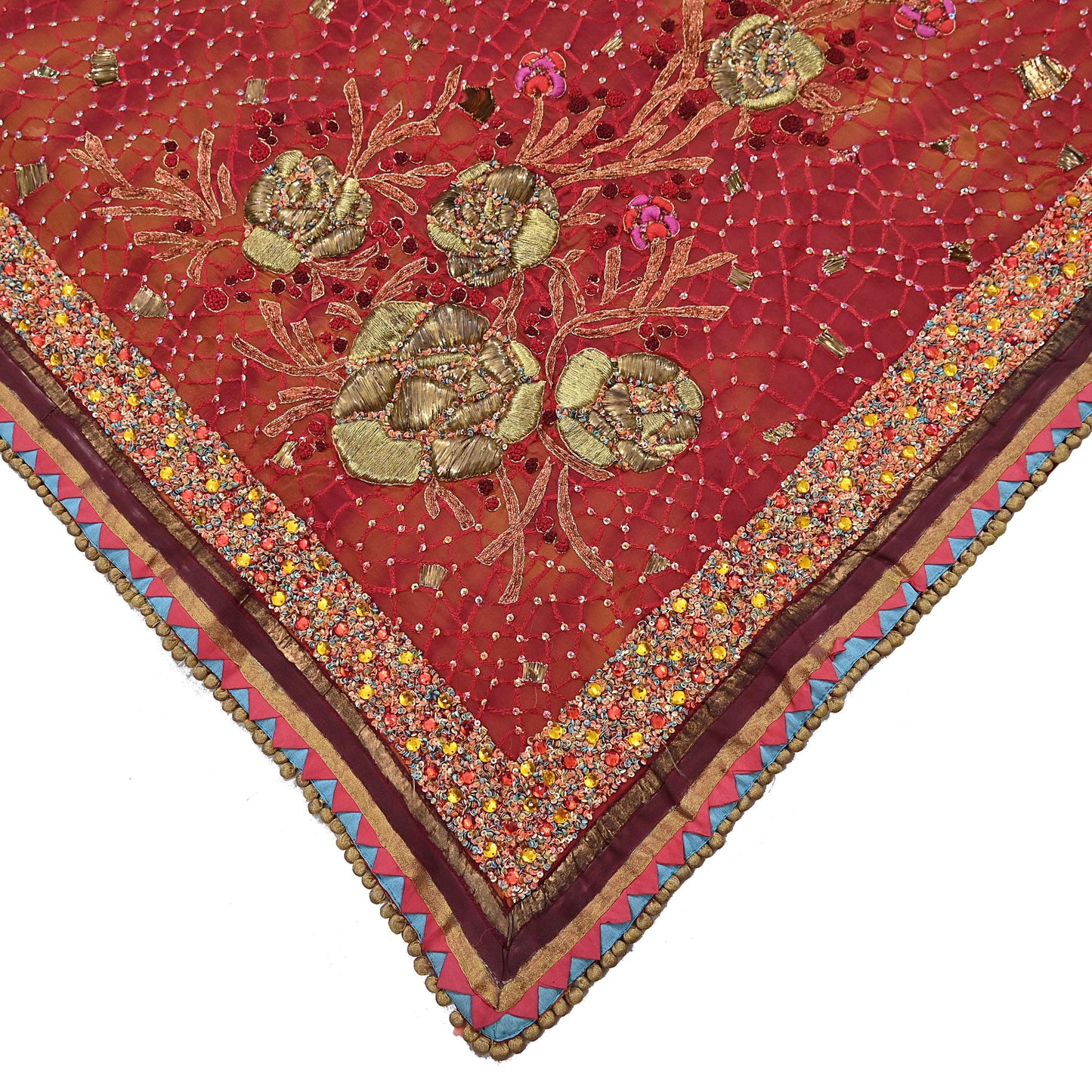 Indian Vintage Sari Red & Saffron Pure Georgette Silk Hand Embroidered Sarees Ethnic Fabric 6Yd Sewing Soft Ethnic Wedding Sarees
