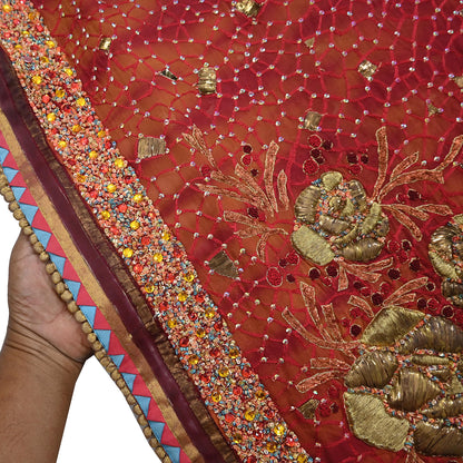 Indian Vintage Sari Red & Saffron Pure Georgette Silk Hand Embroidered Sarees Ethnic Fabric 6Yd Sewing Soft Ethnic Wedding Sarees