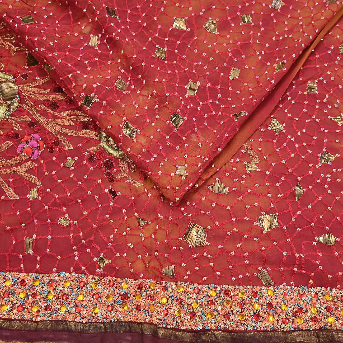Indian Vintage Sari Red & Saffron Pure Georgette Silk Hand Embroidered Sarees Ethnic Fabric 6Yd Sewing Soft Ethnic Wedding Sarees