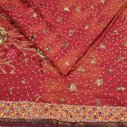 Indian Vintage Sari Red & Saffron Pure Georgette Silk Hand Embroidered Sarees Ethnic Fabric 6Yd Sewing Soft Ethnic Wedding Sarees