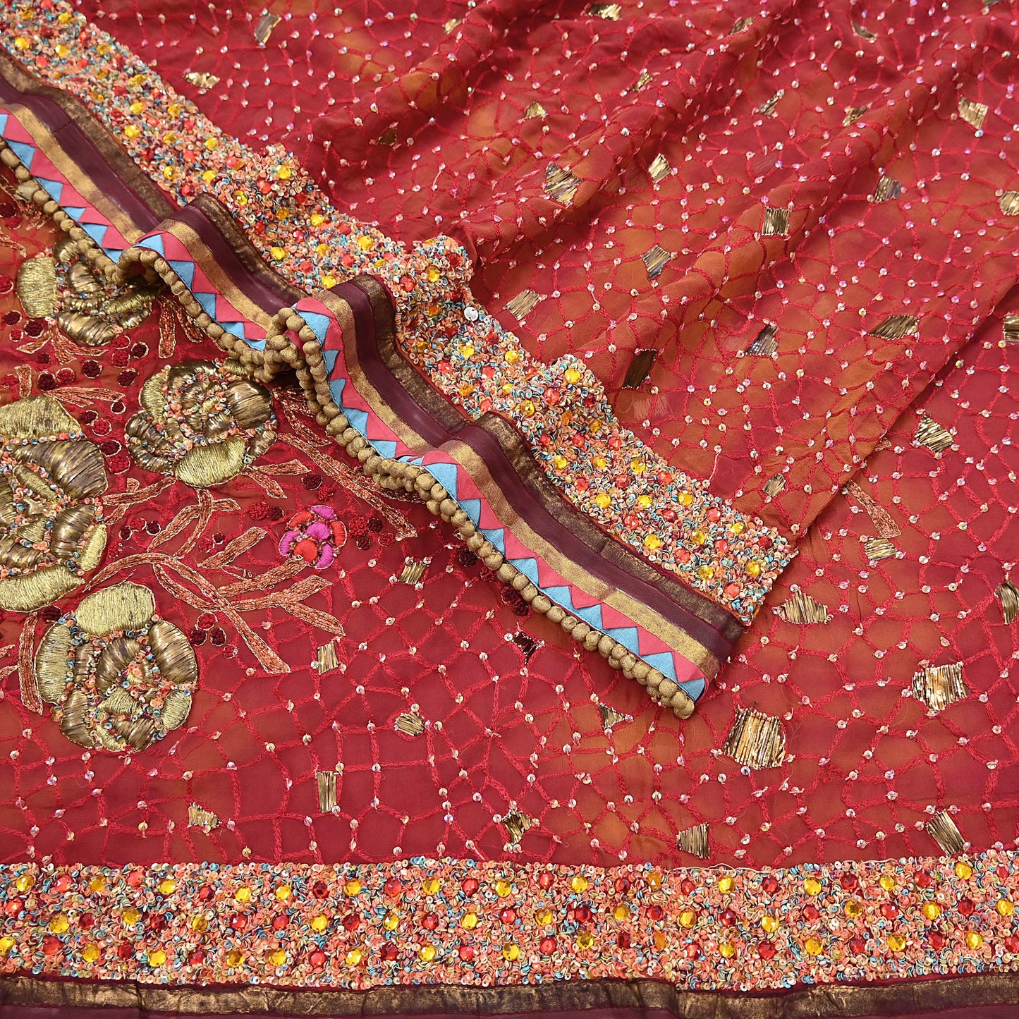 Indian Vintage Sari Red & Saffron Pure Georgette Silk Hand Embroidered Sarees Ethnic Fabric 6Yd Sewing Soft Ethnic Wedding Sarees