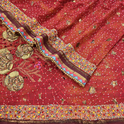 Indian Vintage Sari Red & Saffron Pure Georgette Silk Hand Embroidered Sarees Ethnic Fabric 6Yd Sewing Soft Ethnic Wedding Sarees