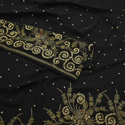 Indian Vintage Sari Black Pure Georgette Silk Hand Embroidered Sarees Craft Fabric 5Yd Sewing Soft Ethnic Wedding Sarees with blouse fabric