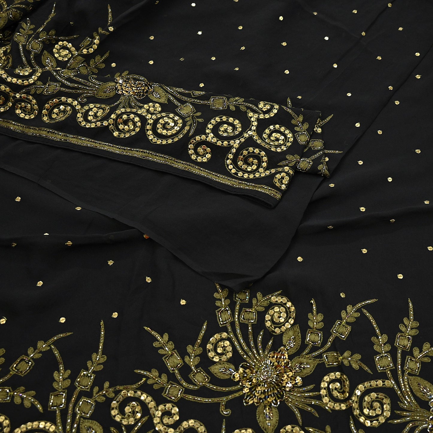 Indian Vintage Sari Black Pure Georgette Silk Hand Embroidered Sarees Craft Fabric 5Yd Sewing Soft Ethnic Wedding Sarees with blouse fabric