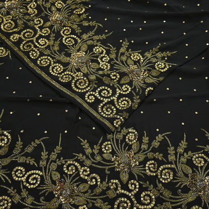 Indian Vintage Sari Black Pure Georgette Silk Hand Embroidered Sarees Craft Fabric 5Yd Sewing Soft Ethnic Wedding Sarees with blouse fabric