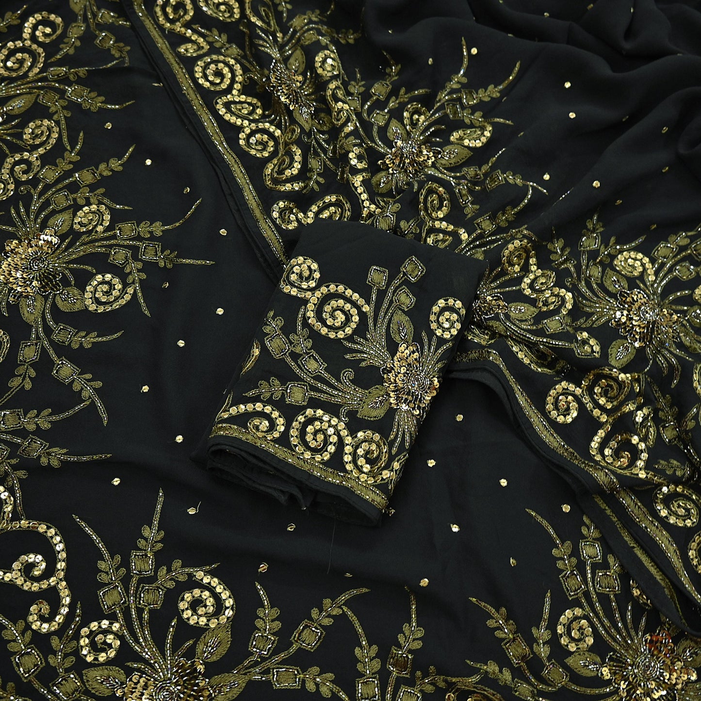 Indian Vintage Sari Black Pure Georgette Silk Hand Embroidered Sarees Craft Fabric 5Yd Sewing Soft Ethnic Wedding Sarees with blouse fabric