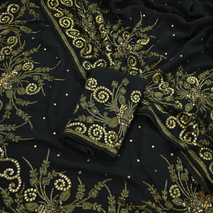 Indian Vintage Sari Black Pure Georgette Silk Hand Embroidered Sarees Craft Fabric 5Yd Sewing Soft Ethnic Wedding Sarees with blouse fabric