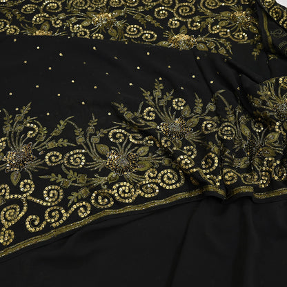 Indian Vintage Sari Black Pure Georgette Silk Hand Embroidered Sarees Craft Fabric 5Yd Sewing Soft Ethnic Wedding Sarees with blouse fabric