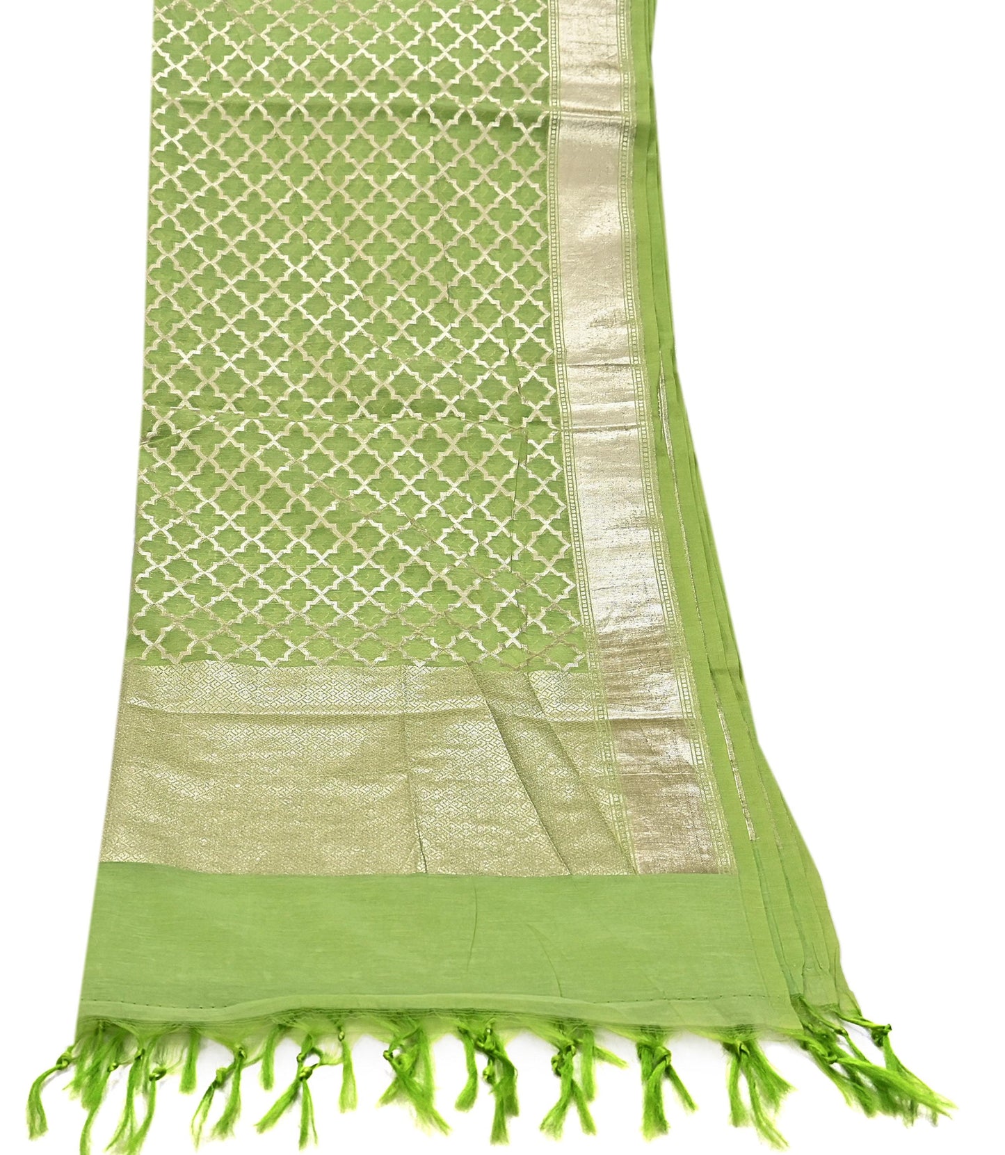 Indian Vintage Green Chanderi Brocade Dupatta Floral Zari Woven Scarf veil fringes work