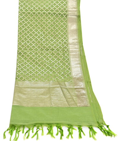 Indian Vintage Green Chanderi Brocade Dupatta Floral Zari Woven Scarf veil fringes work