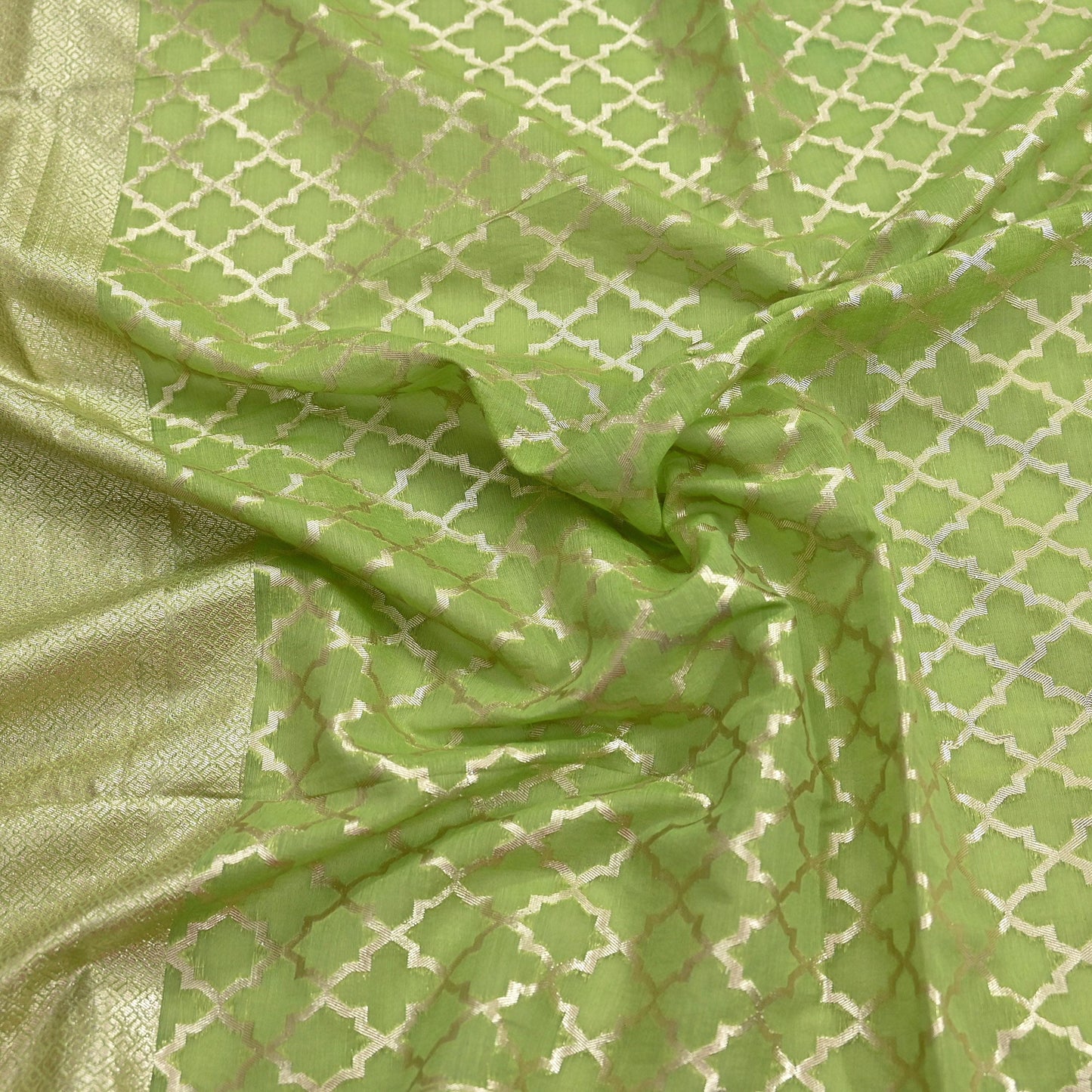 Indian Vintage Green Chanderi Brocade Dupatta Floral Zari Woven Scarf veil fringes work