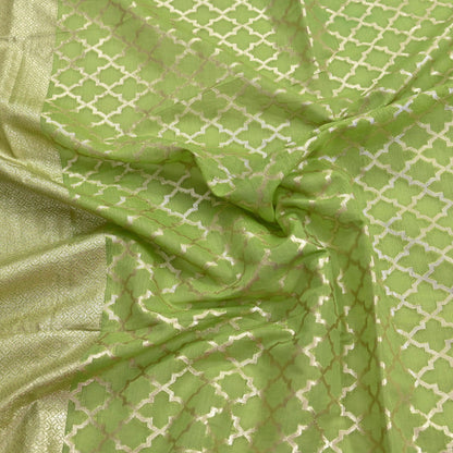 Indian Vintage Green Chanderi Brocade Dupatta Floral Zari Woven Scarf veil fringes work