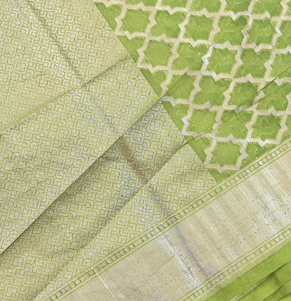 Indian Vintage Green Chanderi Brocade Dupatta Floral Zari Woven Scarf veil fringes work