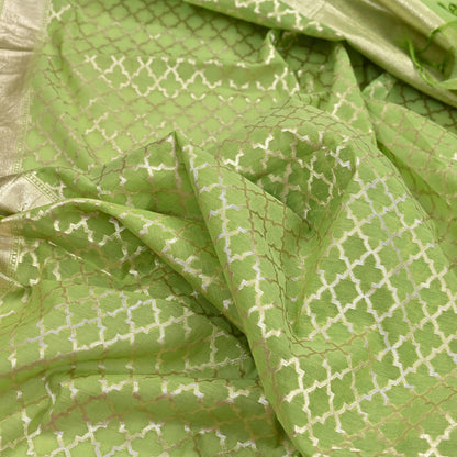 Indian Vintage Green Chanderi Brocade Dupatta Floral Zari Woven Scarf veil fringes work