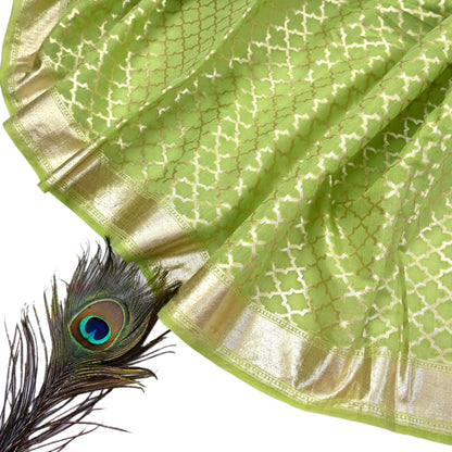 Indian Vintage Green Chanderi Brocade Dupatta Floral Zari Woven Scarf veil fringes work