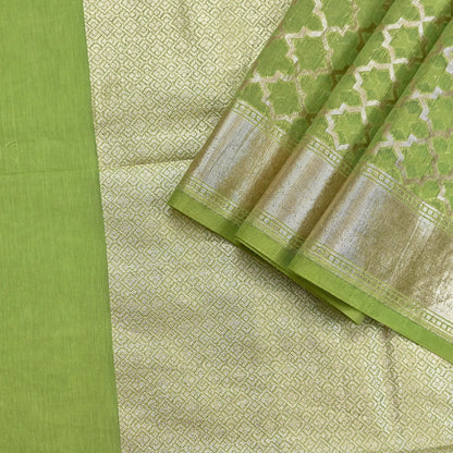 Indian Vintage Green Chanderi Brocade Dupatta Floral Zari Woven Scarf veil fringes work