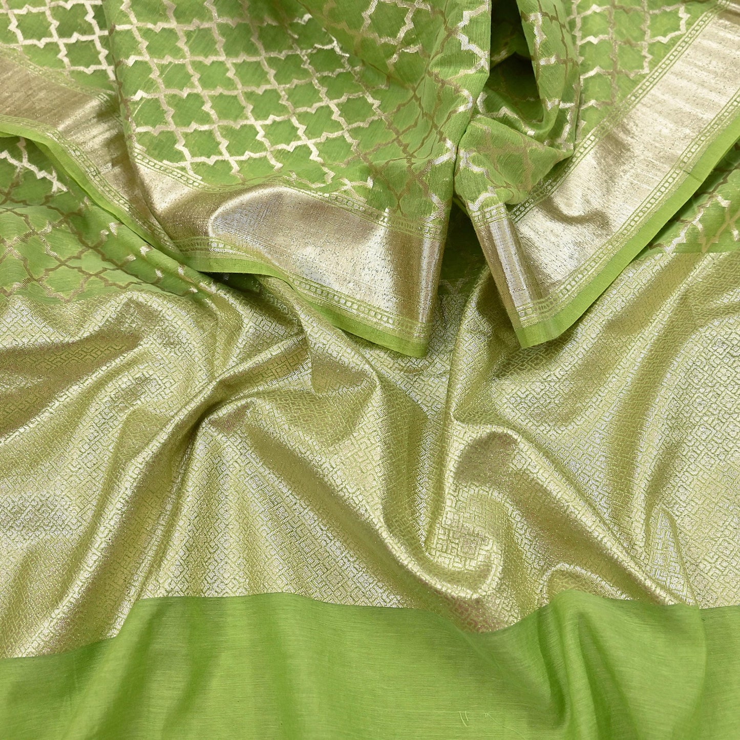 Indian Vintage Green Chanderi Brocade Dupatta Floral Zari Woven Scarf veil fringes work