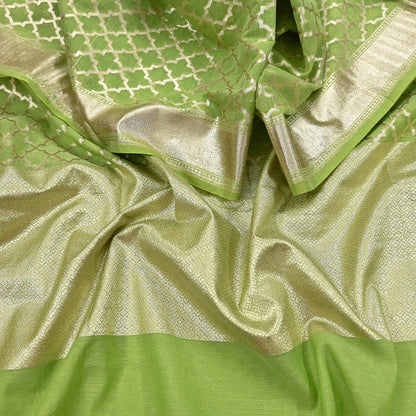 Indian Vintage Green Chanderi Brocade Dupatta Floral Zari Woven Scarf veil fringes work