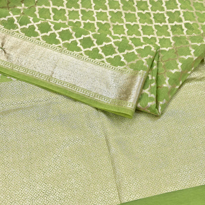 Indian Vintage Green Chanderi Brocade Dupatta Floral Zari Woven Scarf veil fringes work