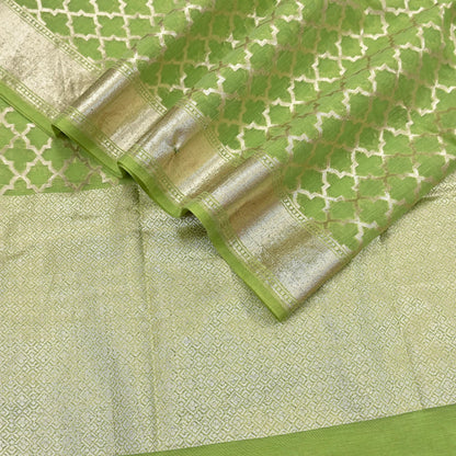 Indian Vintage Green Chanderi Brocade Dupatta Floral Zari Woven Scarf veil fringes work