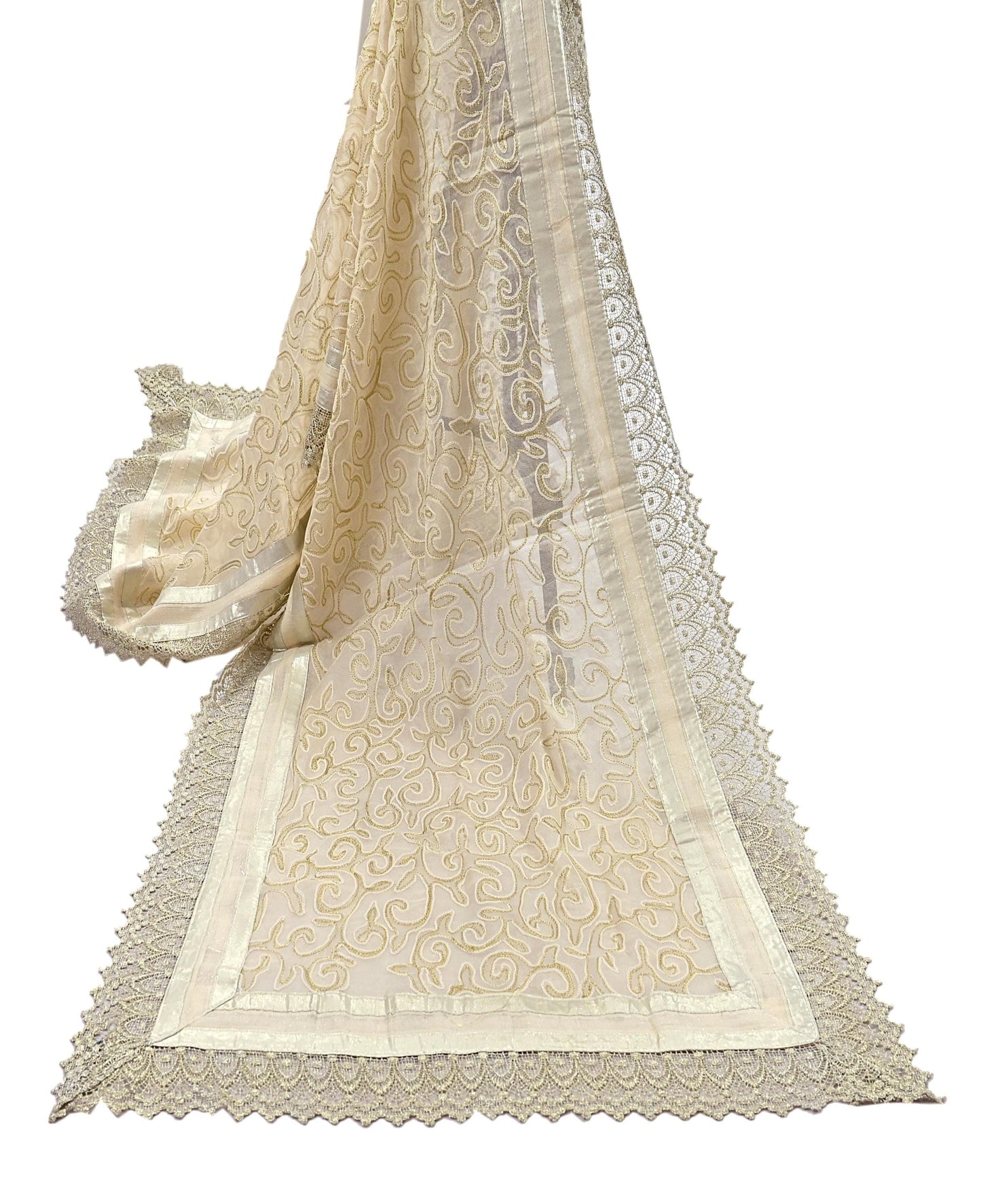 Indian Vintage Ivory Dupatta Long Stole Pure Cotton Hand Embroidered Scarves Veil Scarf Wrap