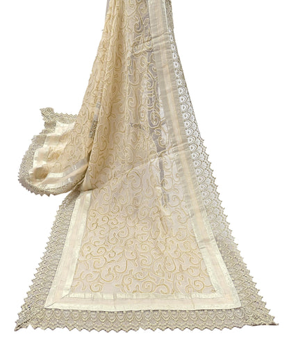 Indian Vintage Ivory Dupatta Long Stole Pure Cotton Hand Embroidered Scarves Veil Scarf Wrap