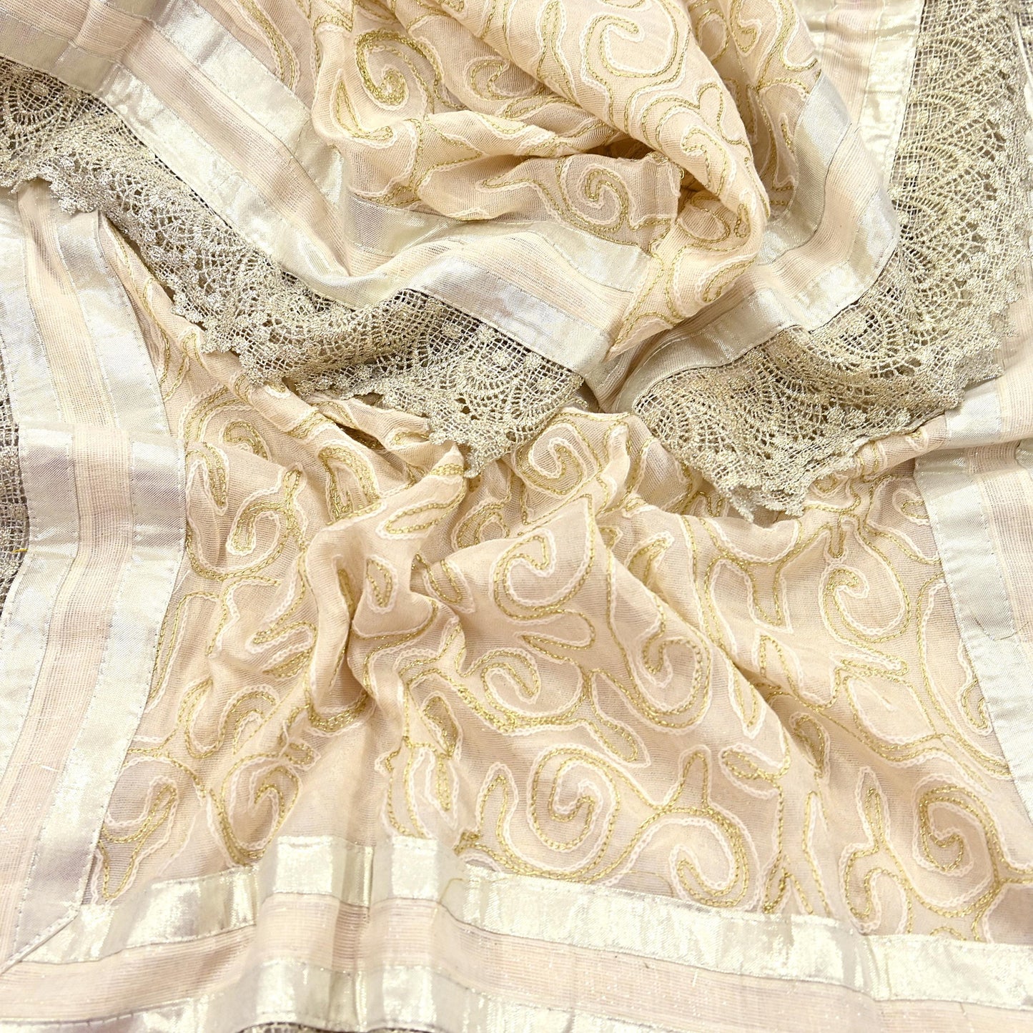 Indian Vintage Ivory Dupatta Long Stole Pure Cotton Hand Embroidered Scarves Veil Scarf Wrap