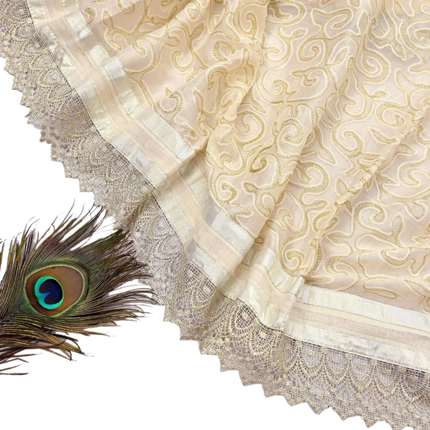 Indian Vintage Ivory Dupatta Long Stole Pure Cotton Hand Embroidered Scarves Veil Scarf Wrap