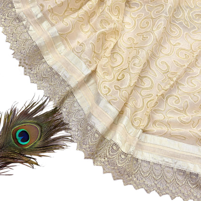 Indian Vintage Ivory Dupatta Long Stole Pure Cotton Hand Embroidered Scarves Veil Scarf Wrap