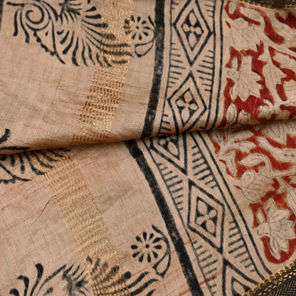 Indian Vintage Dupatta Ivory & Blue Long Stole Block Print Pure Chanderi Silk Scarves Veil Zari Wrap Hijab