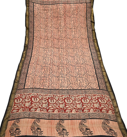 Indian Vintage Dupatta Ivory & Blue Long Stole Block Print Pure Chanderi Silk Scarves Veil Zari Wrap Hijab