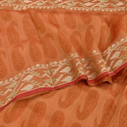 Indian Vintage Sari Saffron Hand Woven 100% Pure Organza Silk Saree Craft Fabric 5Yd Dress Making Crafting Quilting Upcycle Zari
