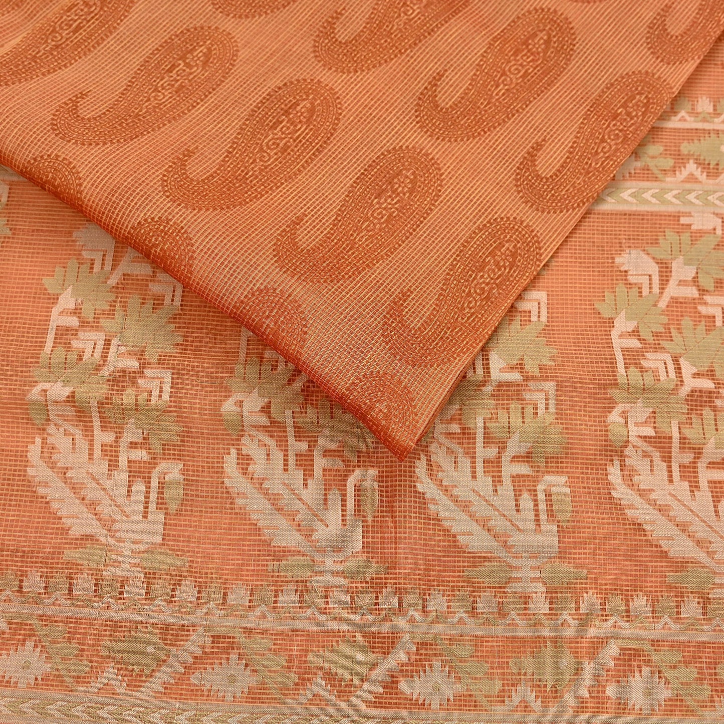 Indian Vintage Sari Saffron Hand Woven 100% Pure Organza Silk Saree Craft Fabric 5Yd Dress Making Crafting Quilting Upcycle Zari