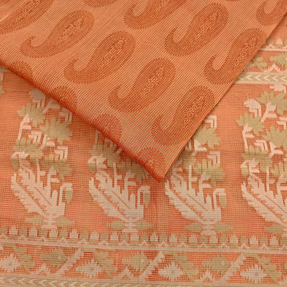Indian Vintage Sari Saffron Hand Woven 100% Pure Organza Silk Saree Craft Fabric 5Yd Dress Making Crafting Quilting Upcycle Zari